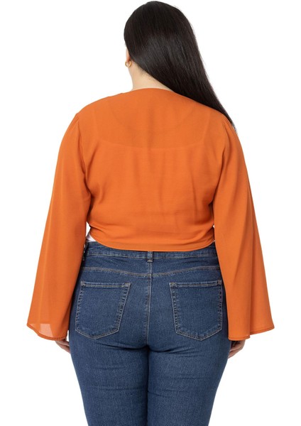 Büyük Beden Ispanyol Kollu Önden Bağlamalı Kiremit Rengi Bolero modelleri