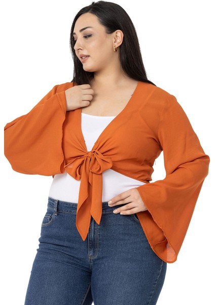 Büyük Beden Ispanyol Kollu Önden Bağlamalı Kiremit Rengi Bolero fırsatları
