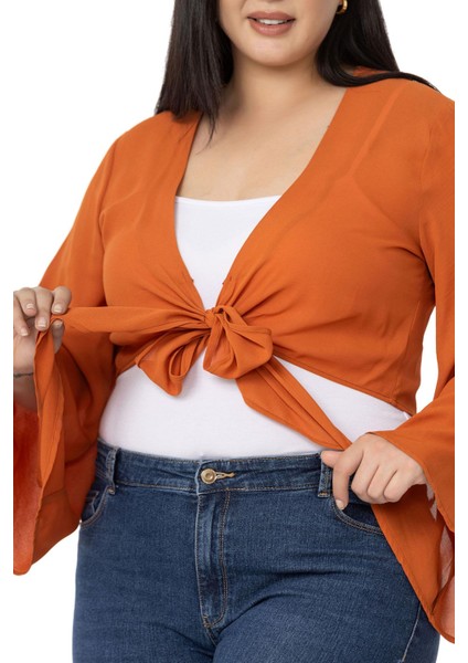 Büyük Beden Ispanyol Kollu Önden Bağlamalı Kiremit Rengi Bolero indirimleri