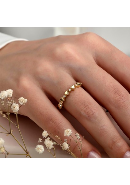 Altın Taşlı Kalp Kombinlenebilir Minimal Yüzük