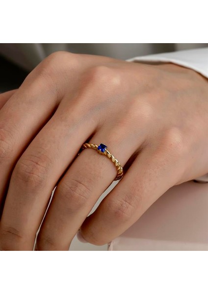Altın Kare Taşlı Halat Kombinlenebilir Minimal Yüzük Mavi