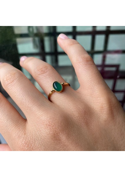 14 Ayar Altın Yeşil Akik Taşlı Yüzük