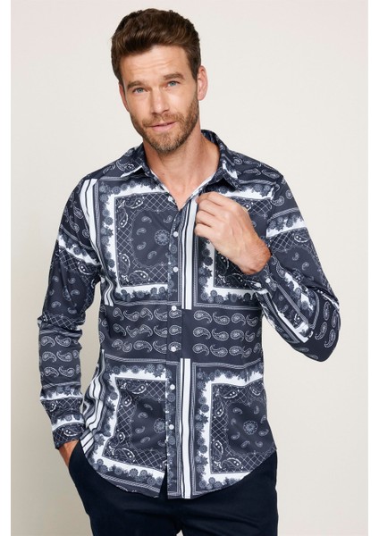Slim Fit Likralı Baskılı Erkek Gömlek