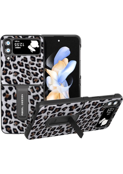 Samsung Galaxy Z Flip4 5g Çizgi Anti-Çizelge Telefon Kılıfı Leopar Desen Pu Deri+ Pc Kickstand Cover (Yurt Dışından)