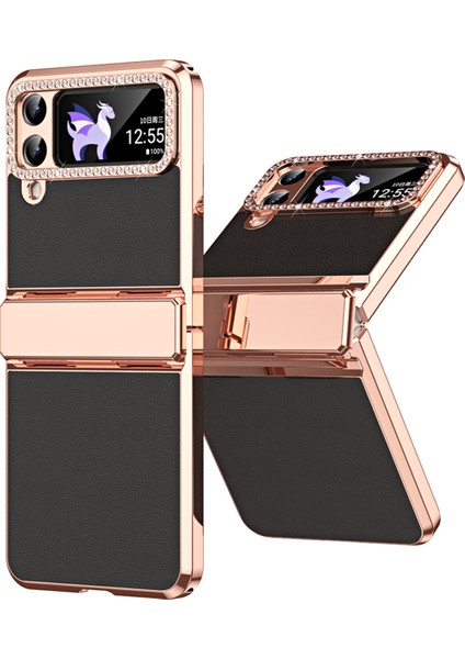 Samsung Galaxy Z Flip4 5g Menteşe Koruma Telefon Kılıfı Pu Deri+Pc Elektrografa Kapağı (Yurt Dışından)