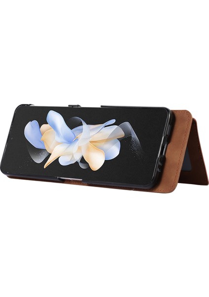 Samsung Galaxy Z Flip5 5g Pu Deri Pc Telefon Kapağı Omuz Kayışı ile Grid Baskı Koruyucu Cüzdan Kılıfı (Yurt Dışından)