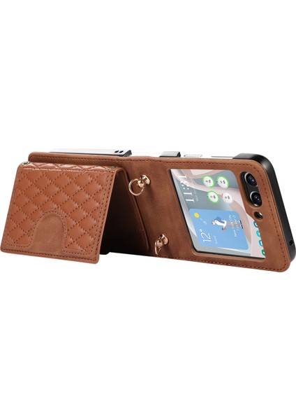 Samsung Galaxy Z Flip5 5g Pu Deri Pc Telefon Kapağı Omuz Kayışı ile Grid Baskı Koruyucu Cüzdan Kılıfı (Yurt Dışından)