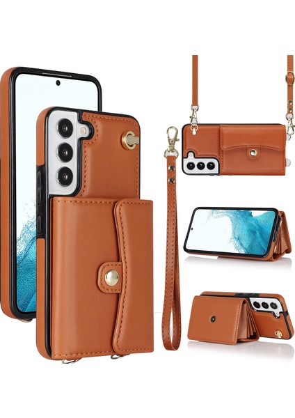 Samsung Galaxy S22 5g Kart Yuvaları Telefon Kabuğu Pu Deri+Tpu Telefon Kasası Kickstand Kapak Kısa+Uzun Kayışlar (Yurt Dışından)