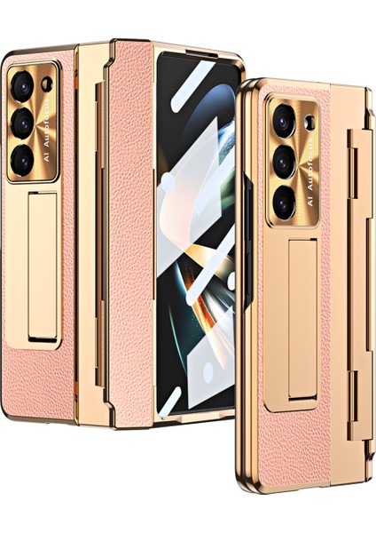 Samsung Galaxy Z Fold5 5g Kickstand Telefon Kılıfı Pu Deri+Pc Şok Geçirmez Koruyucu Kapak Temperli Cam Film ile (Yurt Dışından)