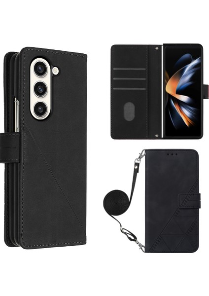 Samsung Galaxy Z Fold5 5g 5g Telefon Stand Kapağı Baskı Hatları Deri Cüzdan Kılıfı Omuz Kayışı (Yurt Dışından)
