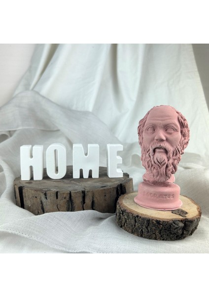 Oasis Decoration Antik Pembe Socrates 13 cm Büst ve " H O M E " Yazısı Beton Dekoratif Obje