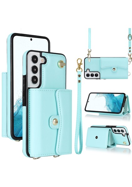 Samsung Galaxy S22 Plus 5g Kickstand Cep Telefon Kılıf Kart Yuvaları Pu Deri+Tpu Kabuk Kapağı Kısa+Uzun Kayışlar (Yurt Dışından)