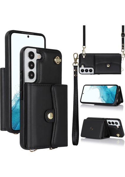 Samsung Galaxy S22 Plus 5g Kickstand Cep Telefon Kılıf Kart Yuvaları Pu Deri+Tpu Kabuk Kapağı Kısa+Uzun Kayışlar (Yurt Dışından)