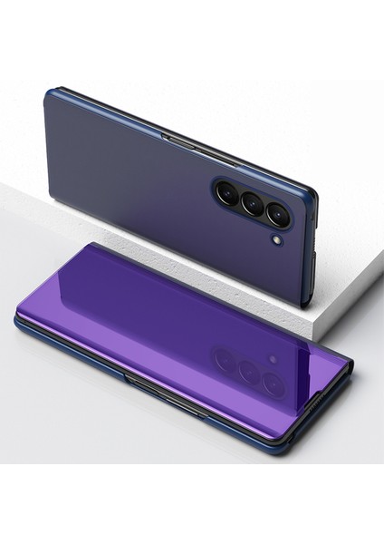 Samsung Galaxy Z Fold5 5g Elektrapılaşma Deri Telefon Kapağı Stand ile Ayna Yüzey Telefon Kılıfı (Yurt Dışından)