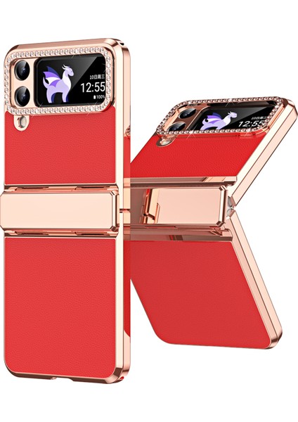 Samsung Galaxy Z Flip4 5g Menteşe Koruma Telefon Kılıfı Pu Deri+Pc Elektrografa Kapağı (Yurt Dışından)
