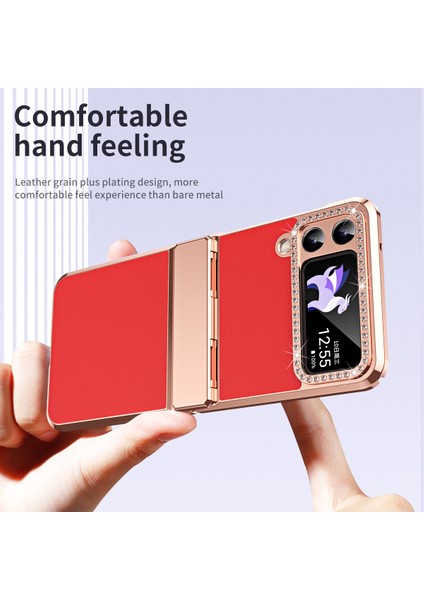 Samsung Galaxy Z Flip4 5g Menteşe Koruma Telefon Kılıfı Pu Deri+Pc Elektrografa Kapağı (Yurt Dışından)