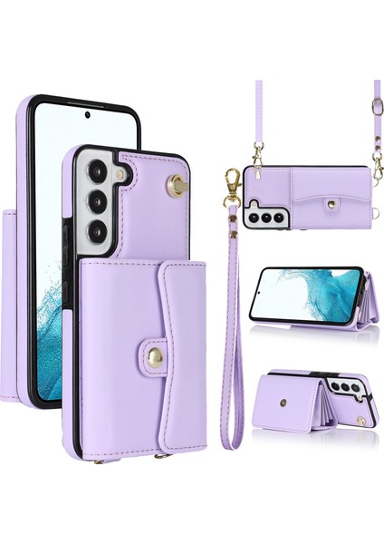 Samsung Galaxy S22 5g Kart Yuvaları Telefon Kabuğu Pu Deri+Tpu Telefon Kasası Kickstand Kapak Kısa+Uzun Kayışlar (Yurt Dışından)
