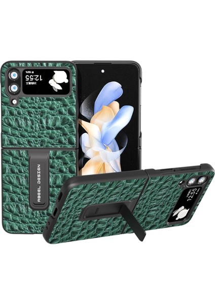 Samsung Galaxy Z Flip4 5g Koruyucu Kapak Gerçek Inek Deri+Pc Kickstand Telefon Kılıfı (Yurt Dışından)
