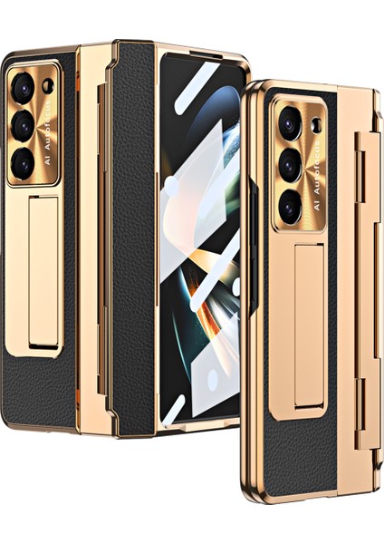 Samsung Galaxy Z Fold5 5g Kickstand Telefon Kılıfı Pu Deri+Pc Şok Geçirmez Koruyucu Kapak Temperli Cam Film ile (Yurt Dışından)