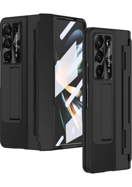 Samsung Galaxy Z Fold5 5g Kickstand Telefon Kılıfı Pu Deri+Pc Şok Geçirmez Koruyucu Kapak Temperli Cam Film ile (Yurt Dışından)