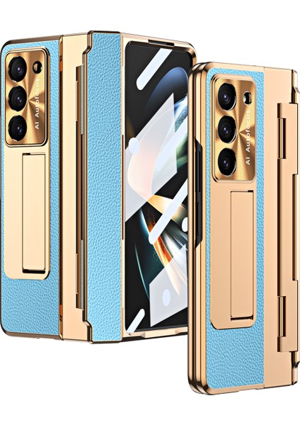 Samsung Galaxy Z Fold5 5g Kickstand Telefon Kılıfı Pu Deri+Pc Şok Geçirmez Koruyucu Kapak Temperli Cam Film ile (Yurt Dışından)