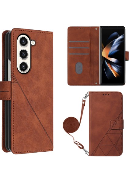 Samsung Galaxy Z Fold5 5g 5g Telefon Stand Kapağı Baskı Hatları Deri Cüzdan Kılıfı Omuz Kayışı (Yurt Dışından)