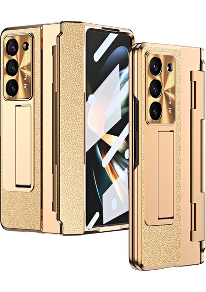 Samsung Galaxy Z Fold5 5g Kickstand Telefon Kılıfı Pu Deri+Pc Şok Geçirmez Koruyucu Kapak Temperli Cam Film ile (Yurt Dışından)