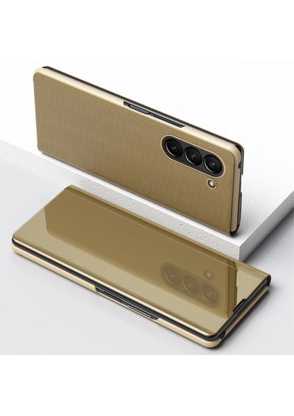 Samsung Galaxy Z Fold5 5g Elektrapılaşma Deri Telefon Kapağı Stand ile Ayna Yüzey Telefon Kılıfı (Yurt Dışından)