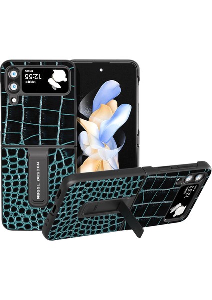 Samsung Galaxy Z Flip4 5g Kickstand Armor Cover Inek Deri+Pc Timsah Doku Telefon Kılıfı (Yurt Dışından)