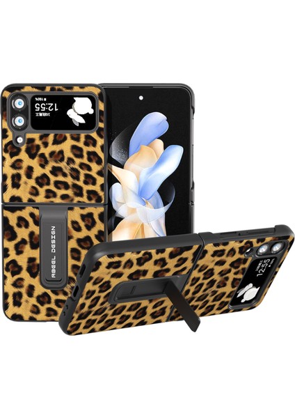 Samsung Galaxy Z Flip4 5g Çizgi Anti-Çizelge Telefon Kılıfı Leopar Desen Pu Deri+ Pc Kickstand Cover (Yurt Dışından)