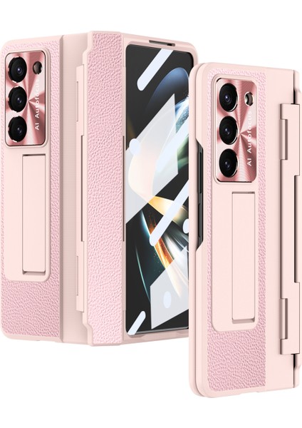Samsung Galaxy Z Fold5 5g Kickstand Telefon Kılıfı Pu Deri+Pc Şok Geçirmez Koruyucu Kapak Temperli Cam Film ile (Yurt Dışından)