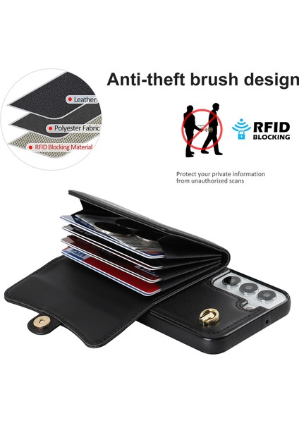 Samsung Galaxy S22 5g Kart Yuvaları Telefon Kabuğu Pu Deri+Tpu Telefon Kasası Kickstand Kapak Kısa+Uzun Kayışlar (Yurt Dışından) modelleri