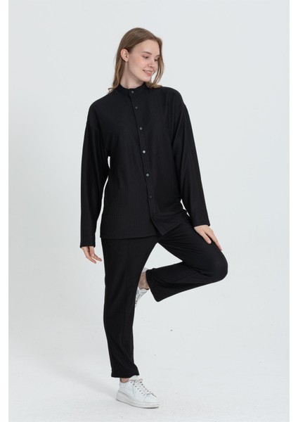 R-4332 Hakim Yaka Gömlek Bel Lastikli Pantolon Geniş Ottoman Takım