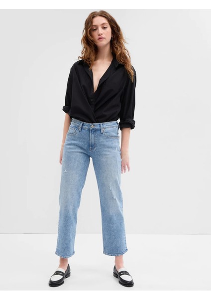 Low Rise Distressed Straight Crop Washwell™ Jean Pantolon