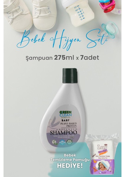 Green Clean Baby Şampuan 275 ml x 7 Adet + Lux Kare Bebe Temizleme Pamuğu 60' lı