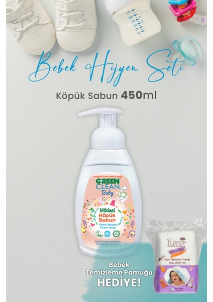 Green Clean Baby Köpük Sabun Portakal Yağlı 450 ml + Lux Kare Bebe Temizleme Pamuğu 60' lı