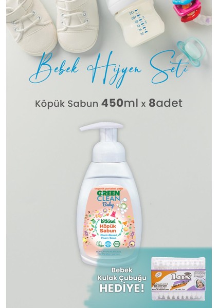 Green Clean Baby Köpük Sabun Portakal Yağlı 450 ml x 8 Adet + Lux Bebe Pamuk Çubuğu 60' lı