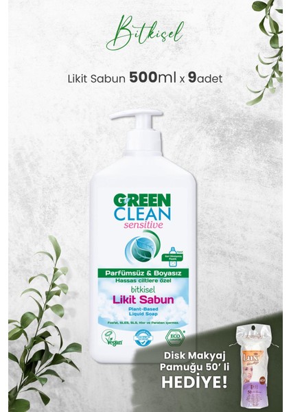 Organik Kokusuz Likit Sensitive Sabun 500 ml x 9 Adet ve Hediyeli