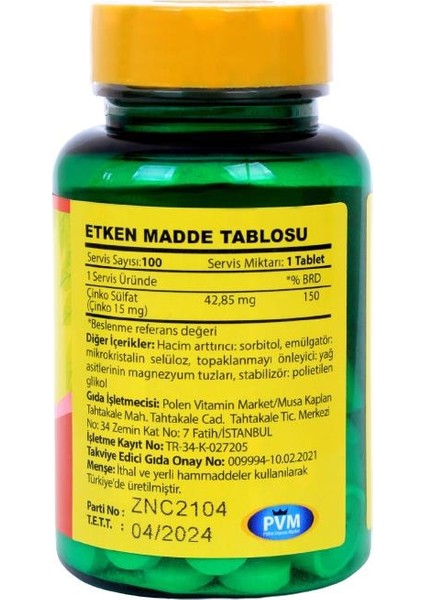 Zinc Sulfate 15 mg Çinko Sülfat 100 Tablet fiyatları