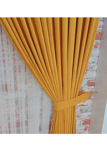 Hardal Sarısı Renk Fon Kadife Perde Çift Kanat 1/3 Sık Pileli Dikim V-16 modelleri