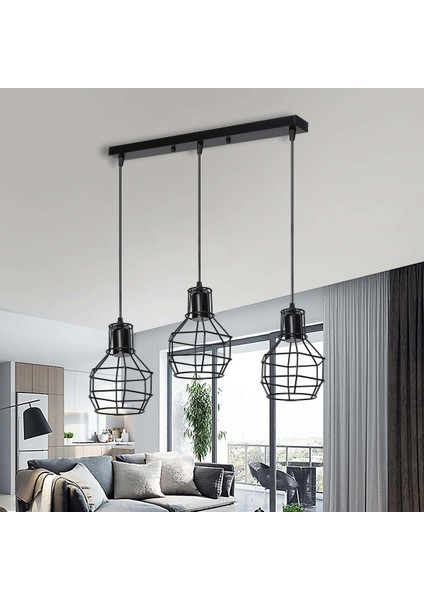 Retro1,rustik,vintage Masa Üstü Siyah 3XE27 Duylu Kafes Metal Sarkıt Avize UZUNLUK:60CM