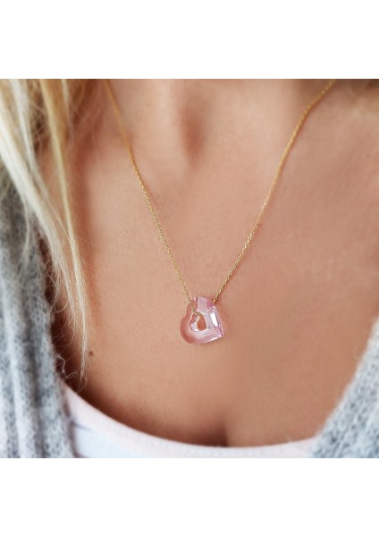 Pembe Swarovski Taşlı Kalp Gümüş Kolye