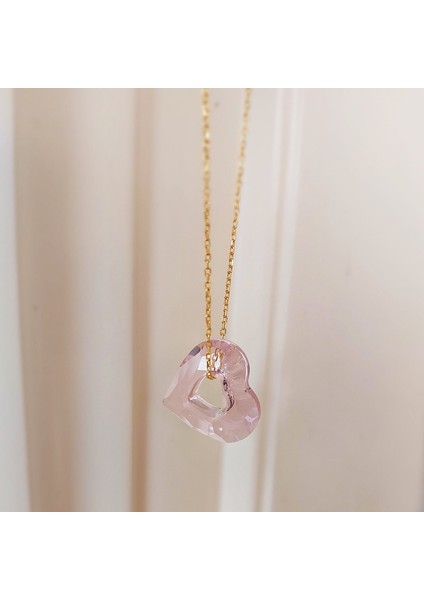 Pembe Swarovski Taşlı Kalp Gümüş Kolye