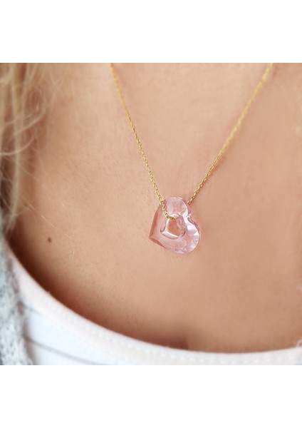 Pembe Swarovski Taşlı Kalp Gümüş Kolye