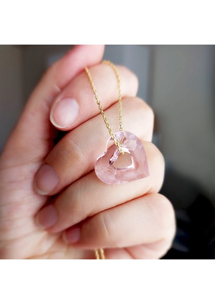 Pembe Swarovski Taşlı Kalp Gümüş Kolye