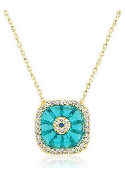 925 Ayar Gumuss Gold Kare Camgöz Nazar Bayan Kolye