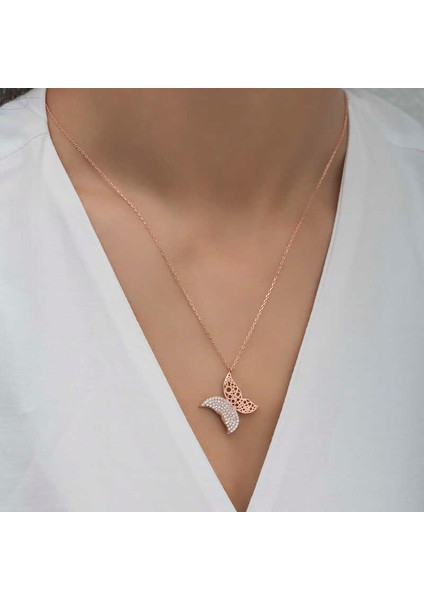 925 Ayar Gümüş Rose Kelebek Kadın Kolye