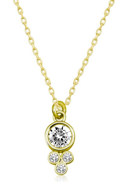 925 Ayar Gumuss Gold Çiğ Damlası Yuvarlak Tektaş Bayan Kolye