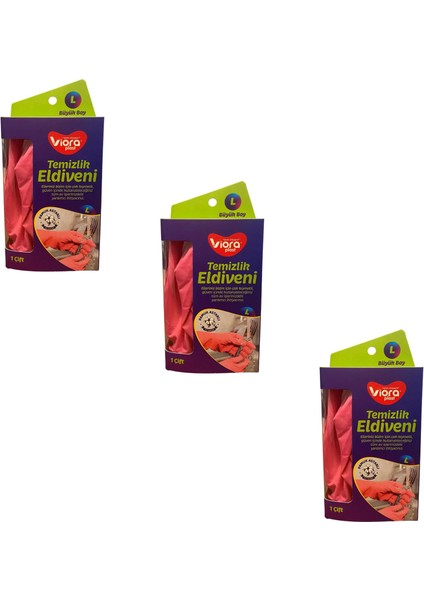 Lateks Temizlik Bulaşık Eldiveni - Büyük Boy - Large - 9-9,5 - Pembe - 3 Paket