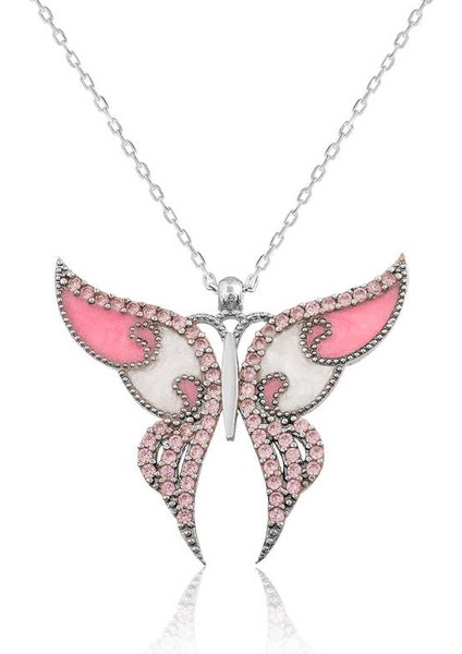 925 Ayar Gumuss Pembe Kelebek Kolye